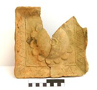 Komorový kachel s centrálním rostlinným motivem, nalezený v zásypu příkopu (2. pol. 16. st.), foto NPÚ Ostrava.